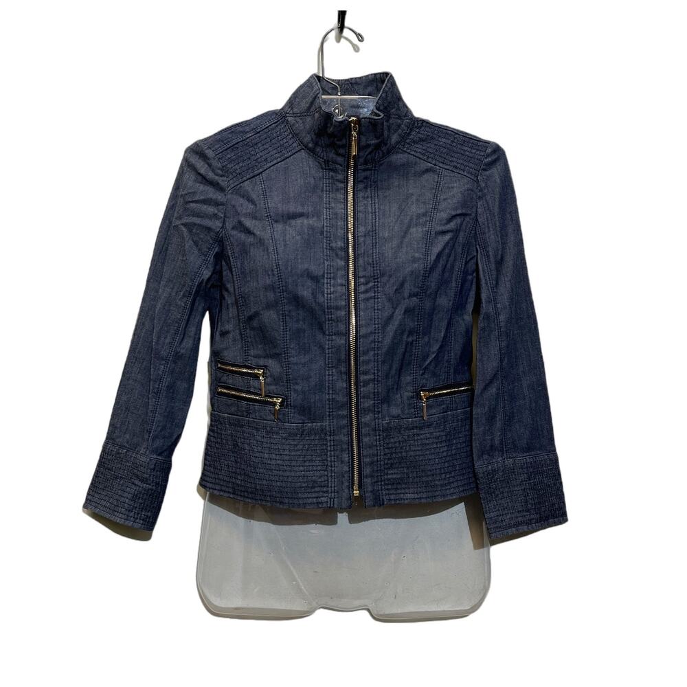 White House Black Market Denim Jacket Womens Size 00 Blue Zip Front Motostyle